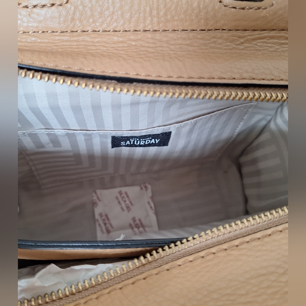 Kate Spade Tan Leather Satchel Crossbody Structured Trapezoid Camel Neutral NEW - Picture 13 of 15